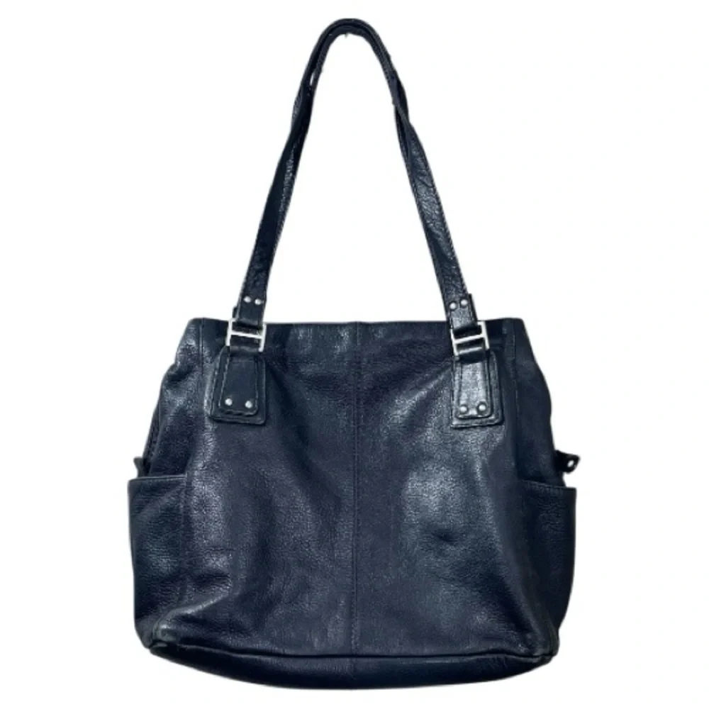 YL New York London Black Leather Tote Bag Large Shoulder Handbag Silver Charm